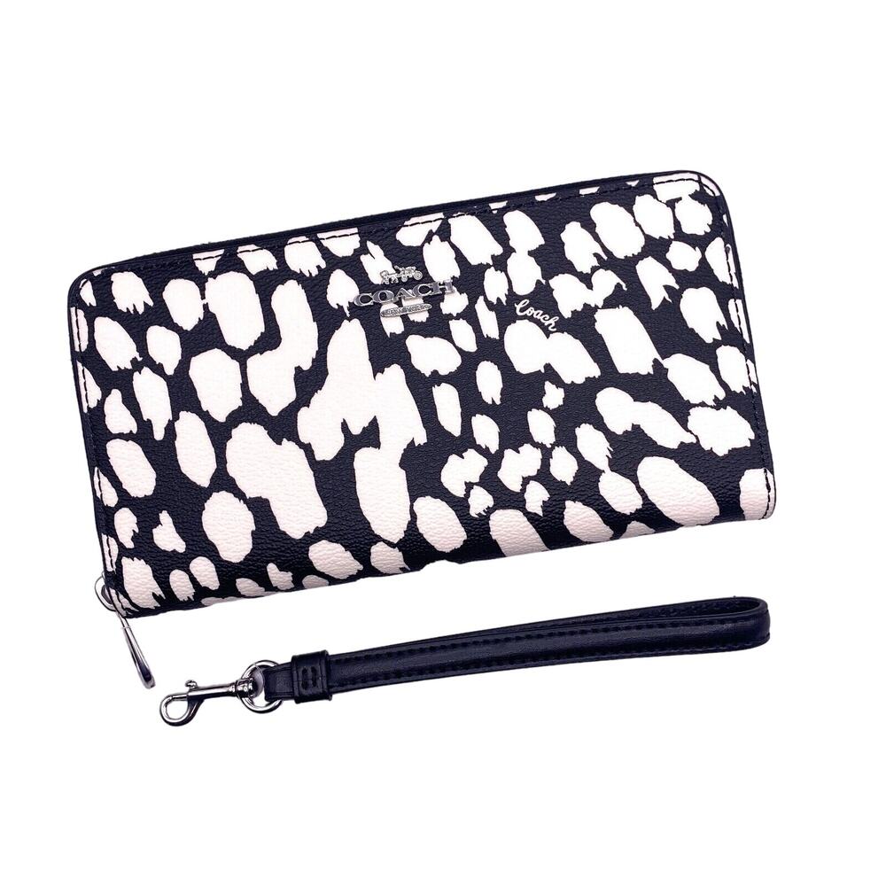 Coach Long Zip Around Wallet With Spotted Animal Print Black Chalk White CC473